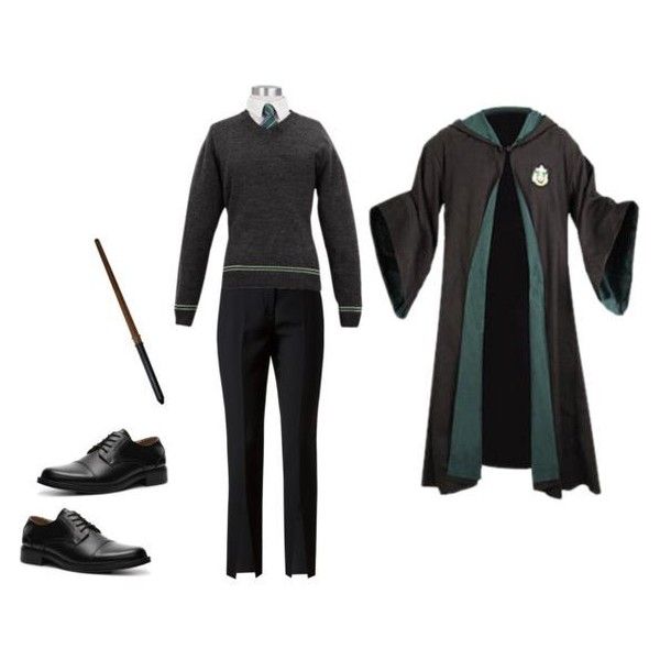 a harry potter costume is shown with shoes, wand and hat on display in front of a white background