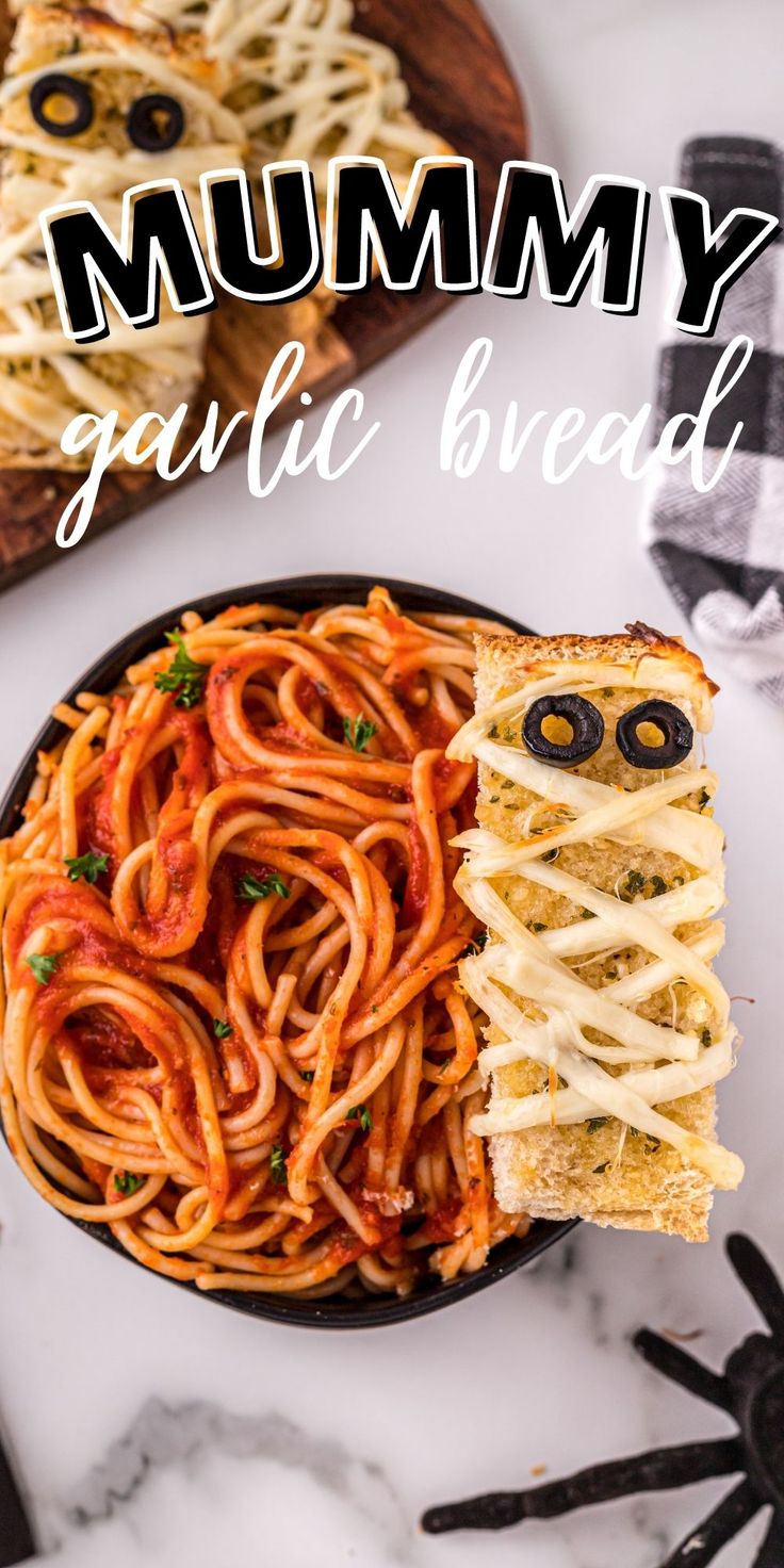 a bowl filled with spaghetti and an owl face cut in half