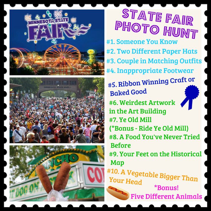 an advertisement for the state fair photo hunt with pictures of food, fireworks and carnival rides