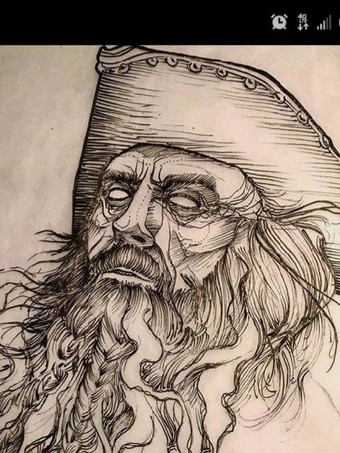 a drawing of an old man with long hair and beard wearing a pirate's hat