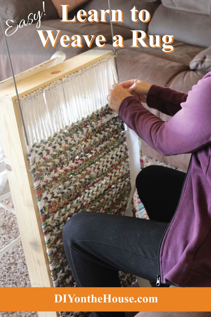 a woman is weaving fabric with the words easy learn to weave rug