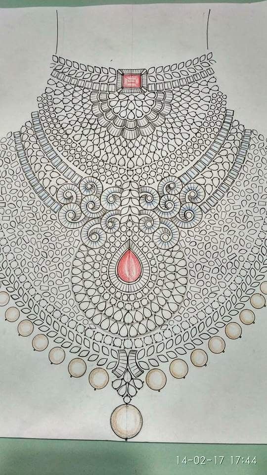 a drawing of an elaborate necklace with pearls and stones on it's neckline