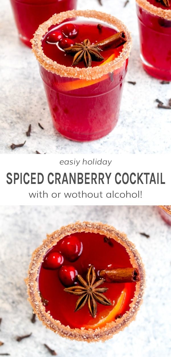 three glasses filled with cranberry cocktail and cinnamon garnish on the rim