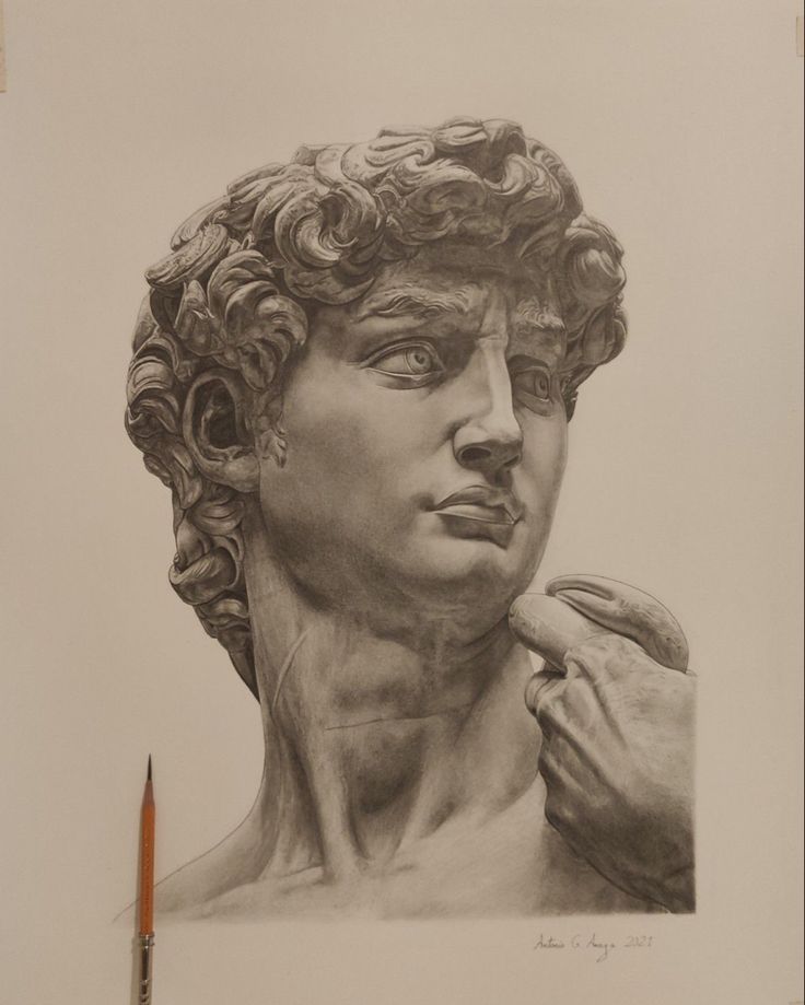 a pencil drawing of a man's head and hands on top of a statue