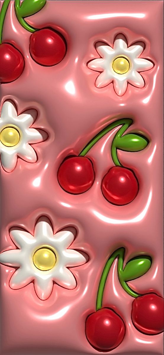 an image of cherrys and cherries in the shape of flowers on a pink background