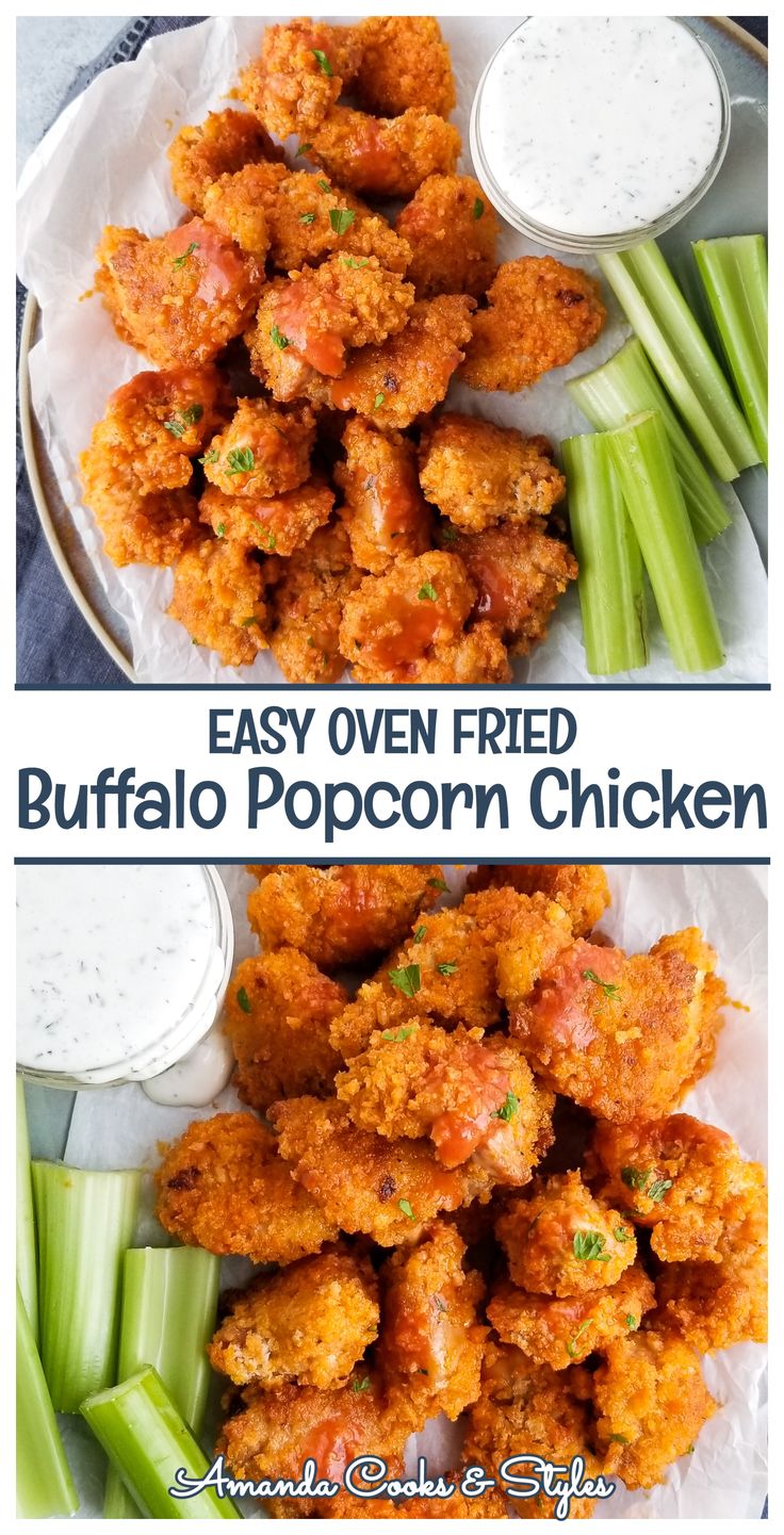 two plates filled with fried buffalo popcorn chicken next to celery and ranch dressing