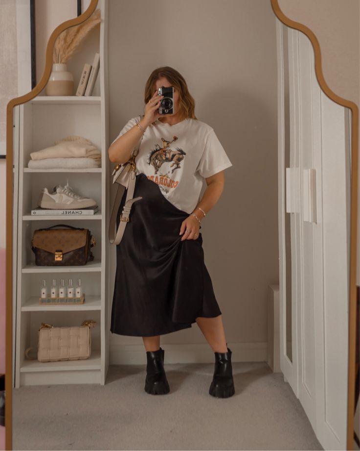 Midi satin skirt curated on LTK Long Silk Dress Outfit Casual, Plus Midi Skirt Outfit, Black Midi Skirt Outfit Summer Casual, Cool Midi Skirt Outfit, Sweatshirt And Satin Skirt Outfit, Long Silk Skirt Outfit Plus Size, Midi Size, Midi Skirt T Shirt Outfit, Midi Skirt With Oversized Shirt