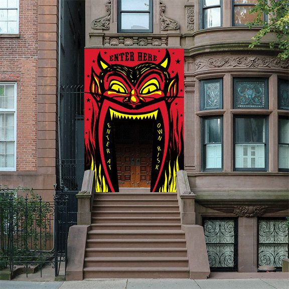 an entrance to a building with a red and yellow painting on the front door that says enter here