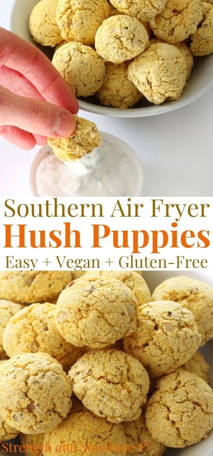 a person dipping some food into a bowl with the words, southern air fryer hush puppies easy + vegan + gluten - free