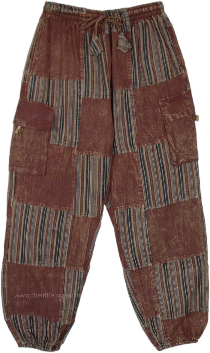 Brown Bronco Hippie Patchwork Harem Pants | Brown | Split-Skirts-Pants, Patchwork, Stonewash, Yoga,Striped, Bohemian Bohemian Harem Pants, Brown Patchwork Long Pants, Festival Brown Patchwork Bottoms, Casual Brown Patchwork Pants, Hippie Style Brown Bottoms For Festival, Brown Hippie Bottoms For Festival, Hippie Style Brown Festival Bottoms, Bohemian Brown Pants With Pockets, Brown Baggy Patchwork Bottoms