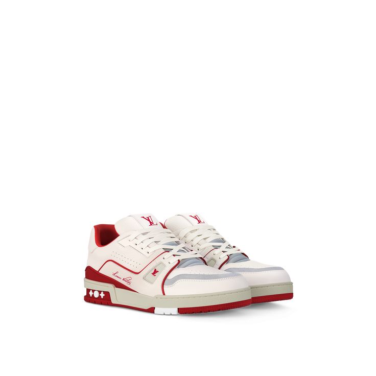 LOUIS VUITTON® - Lv Trainer Sneaker - Red Basketball Inspiration, Lv Trainers, Lv Trainer Sneaker, Fall Winter Essentials, Louis Vuitton Sneakers, Spring Sandals, Leather Denim, Louis Vuitton Official, Slides Sandals