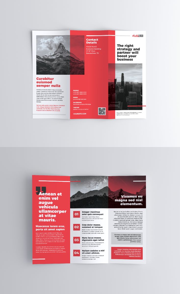 two fold brochure designs with red and black accents on the front and back