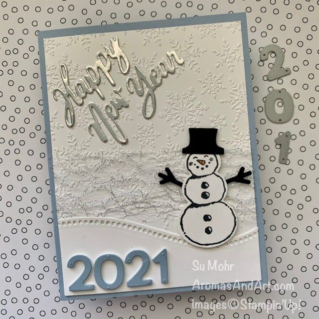 a happy new year card with a snowman on the front and numbers in the back