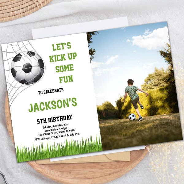 a birthday card with a soccer player kicking a ball on the field and text that reads, let's kick up some fun to celebrate jackson's birthday