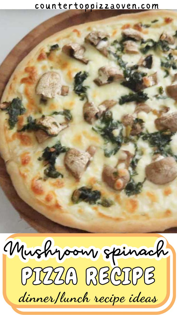 a pizza with mushrooms and spinach on it sitting on top of a wooden cutting board