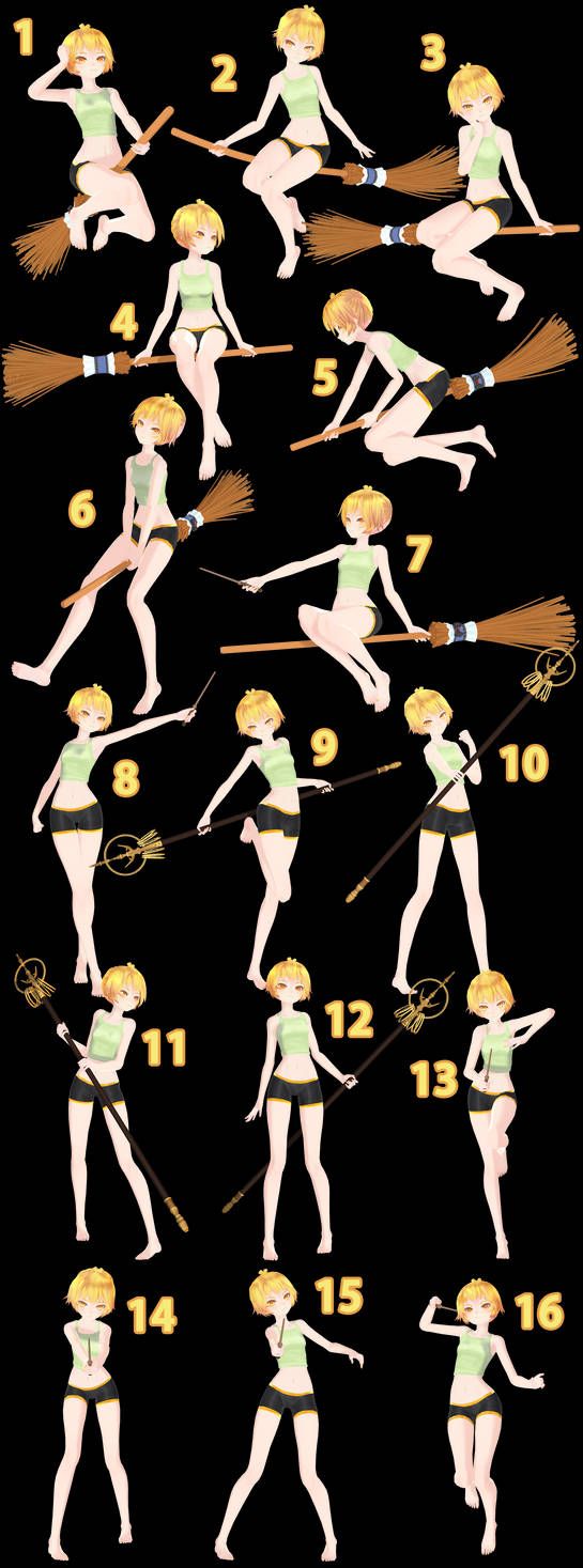 an image of a woman doing different poses with brooms on her head and hands