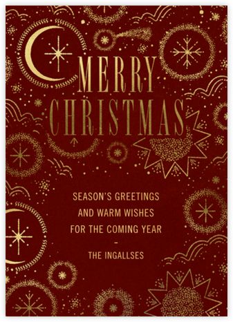 a christmas card with the words merry christmas written in gold and red on top of it