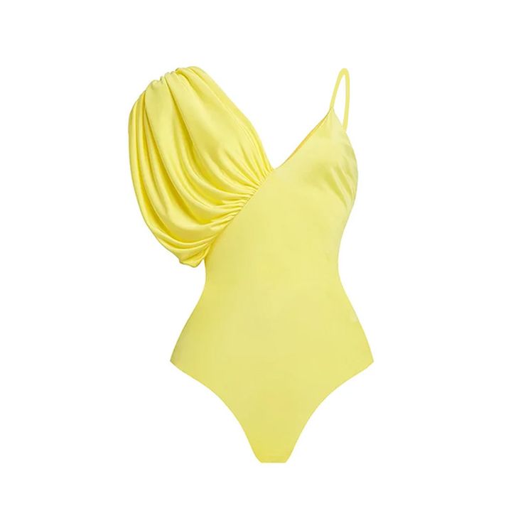 a yellow one piece swimsuit with a knot on the back and straps at the waist