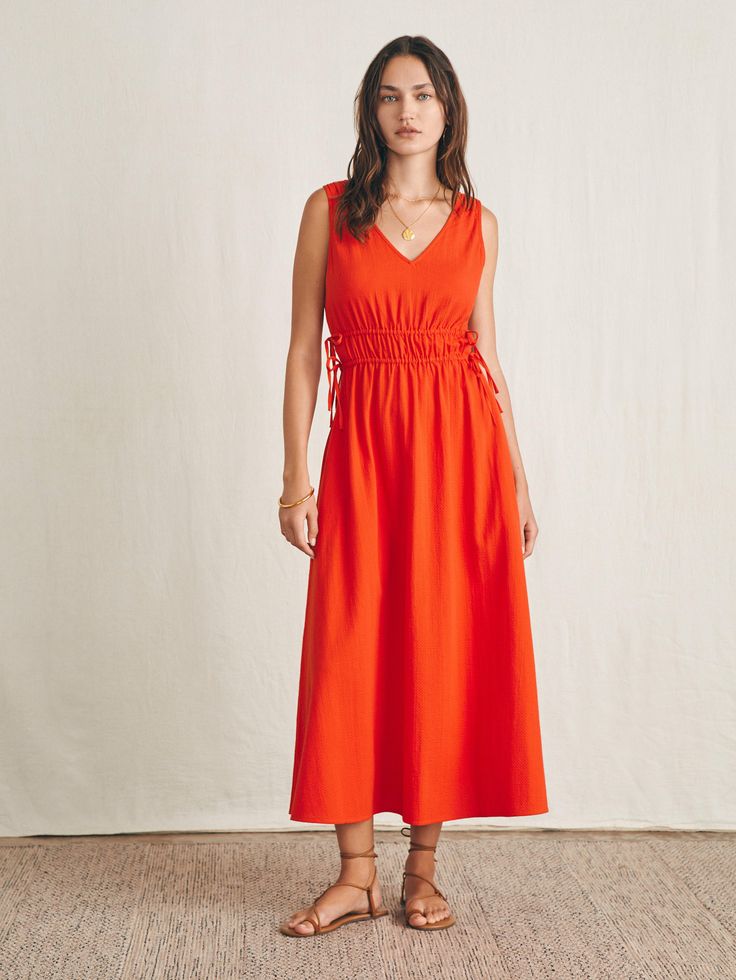 Sandbar Maxi Dress - Poppy Red Midi Length Dress With Drawstring For Daywear, Maxi Length Drawstring Dress For Vacation, Daywear Midi Dress With Drawstring, Summer Viscose Maxi Dress With Gathered Waist, Summer Sleeveless Dress With Drawstring Tie, Daywear Viscose Maxi Dress With Tie Waist, Flowy Midi Dress With Tie Waist For Daywear, Rayon Maxi Dress With Tie Waist, Summer Viscose Maxi Dress With Tie Waist