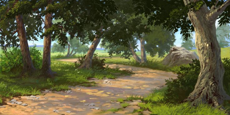 an artist's rendering of a dirt path in the woods with trees on either side