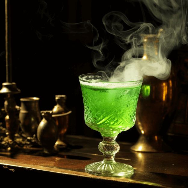 a green drink sitting on top of a wooden table