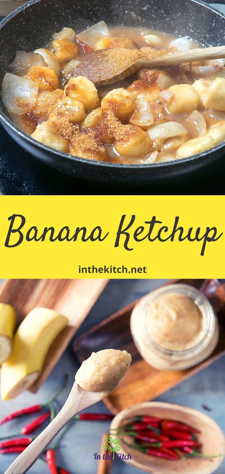 banana ketchup in a skillet with wooden spoons and red peppers on the side