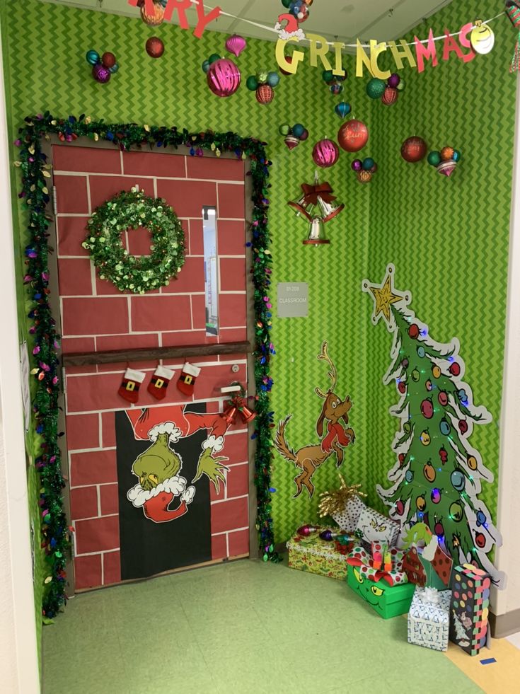 a decorated christmas tree sitting in front of a brick oven with presents on the wall