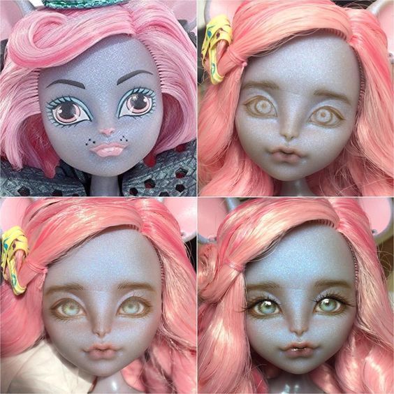 four different pictures of a doll with pink hair and green eyes, one is wearing a tiara