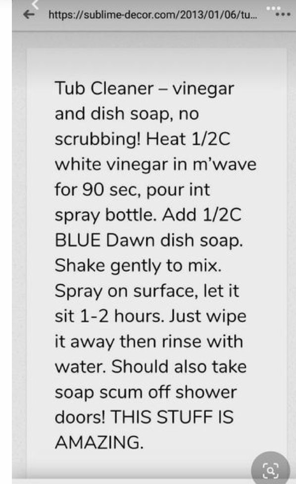 an iphone screen with text on it that reads, tub cleaner vinegar and dish soap no scrubbing heat 12 / 2c while