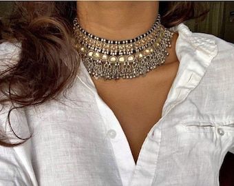 Choker Necklace Outfit, Indian Choker Necklace, Oxidised Silver Jewelry, Saree Jewellery, Necklace Outfit, Beautiful Mirror, Oxidized Necklace, Junk Jewelry, Silver Jewellery Indian