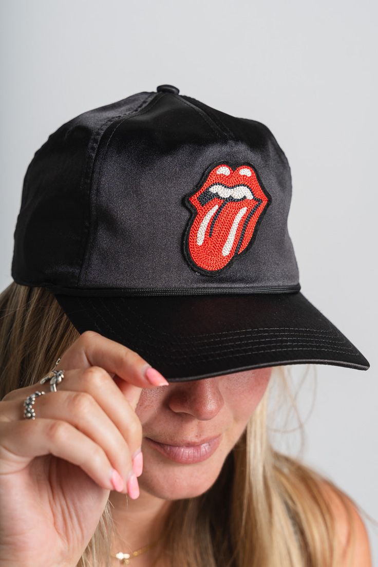 Rolling Stones satin blazer hat black - Trendy Band T-Shirts and Sweatshirts at Lush Fashion Lounge Boutique in Oklahoma City Black Snapback Mini Hats For Party, Adjustable 5-panel Snapback Hat, Black Snapback Trucker Hat For Party, Trendy Black Trucker Hat For Party, Trendy Snapback Party Hats, Trendy Flat Brim Baseball Cap For Festivals, Black Curved Brim Trucker Hat For Party, Black Trucker Hat For Party With Curved Brim, Black Trucker Hat With Curved Brim For Party