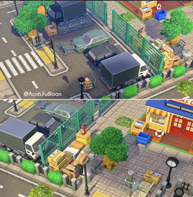 two screens showing the same location in an animated city