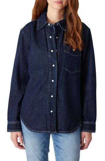 Every closet needs this staple denim shirt designed with a snap-up front and cut from dark-wash denim. Front snap closure Chest snap-flap patch pocket 100% cotton Machine wash, tumble dry Imported Dark Wash Cotton Tops With Snap Buttons, Medium Wash Shirt With Snap Buttons For Workwear, Dark Wash Tops With Snap Buttons For Work, Workwear Dark Wash Tops With Snap Buttons, Dark Wash Cotton Denim Top With Snap Buttons, Dark Wash Denim Shirt With Button Closure, Dark Wash Denim Top With Snap Buttons, Cotton Denim Top With Snap Buttons For Workwear, Cotton Denim Workwear Top With Snap Buttons