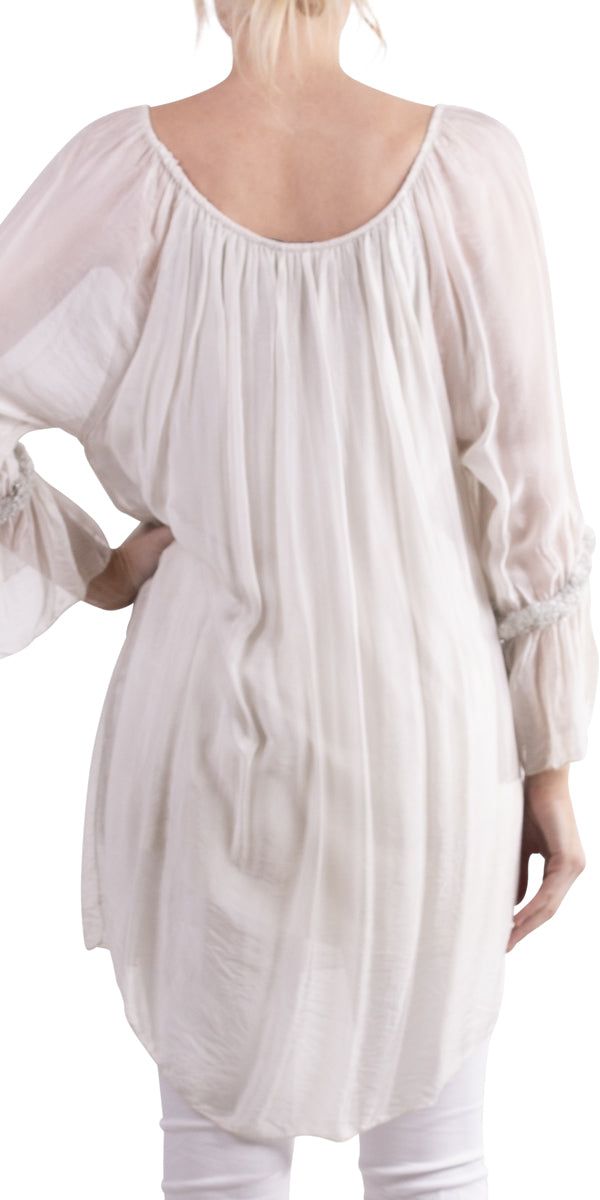 Long, stunning blouse/tunic with front tie and silver detail on sleeve. Can be worn off-shoulder or up. 30% silk, 70% viscose. One Size Fits All. Made in Italy. Blouse For Women, Tunic Blouse, One Size Fits All, Cold Shoulder Dress, Off Shoulder, In Italy, Online Store, Italy, Silk