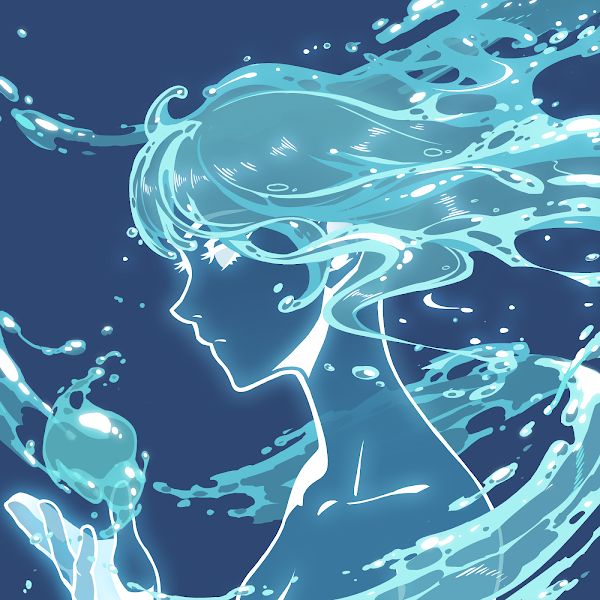 a drawing of a woman with blue hair and water splashing on her face, holding an apple