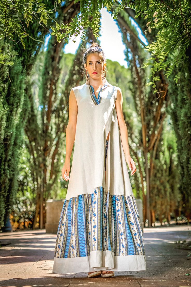 Beige Linen Maxi Dress with High Slit - Sun Protective Sleeveless Long Open Boho Sundress w/ Traditional Portuguese "Chitas de Alcobaça" Long Blue Maxi Dress, Long Floral Maxi Dress, Dress Over Pants, Boho Sundress, Sun Protective Clothing, Resort Wear For Women, Cotton Dress Summer, Traditional Clothes, Printed Cotton Dress