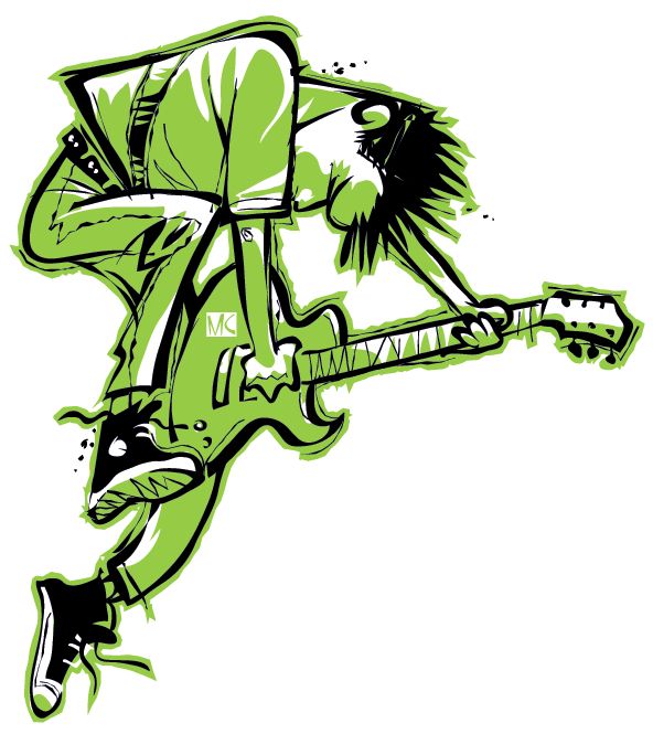 a drawing of a man with a guitar in his hand and wearing a green outfit