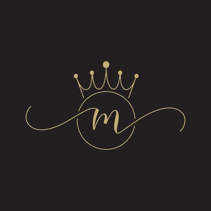 the letter m with a crown on top is shown in gold and black, against a dark background