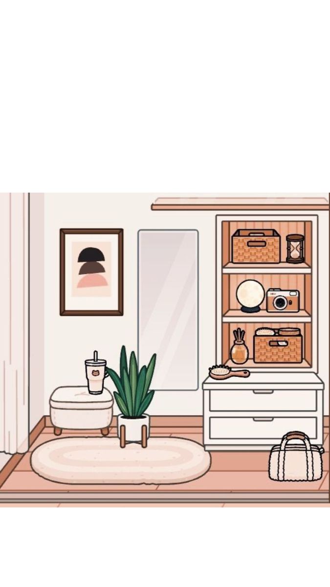 an illustration of a living room with furniture and accessories on the shelves, including a plant