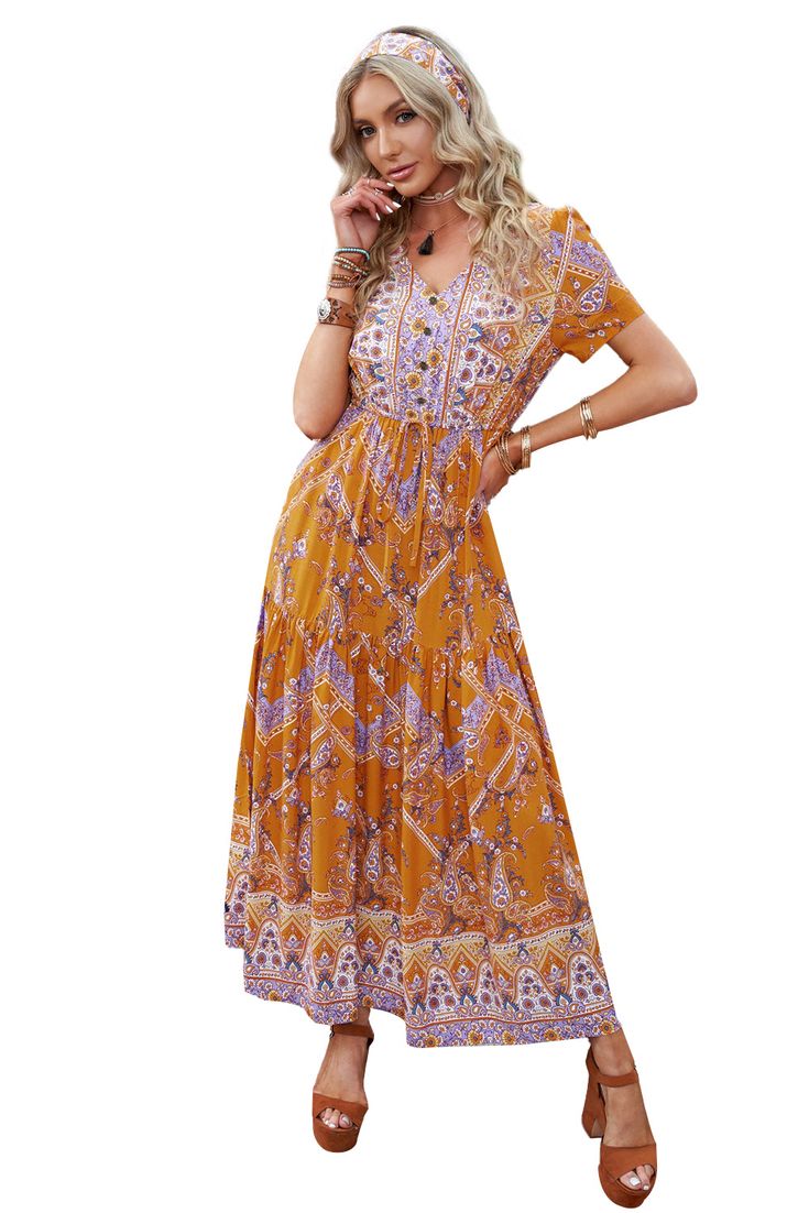 Orange Retro Bohemian Ethnic Print Dress Ethnic Print Dress, Long Skirt For Women, Womens Long Skirt, Vestidos Retro, Printed Long Skirt, Orange Retro, Retro Bohemian, Bohemian Print, Long Skirts For Women