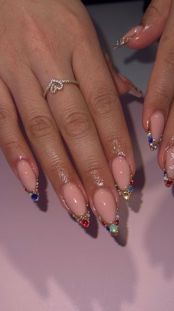 French Tip Different Color Nails, Funky Oval Nails, Jewel French Tip Nails, Gaudy Nails, Conference Nails, Sade Nails, Cute May Nails, Nails For Wedding Guest, Oval Nail Ideas