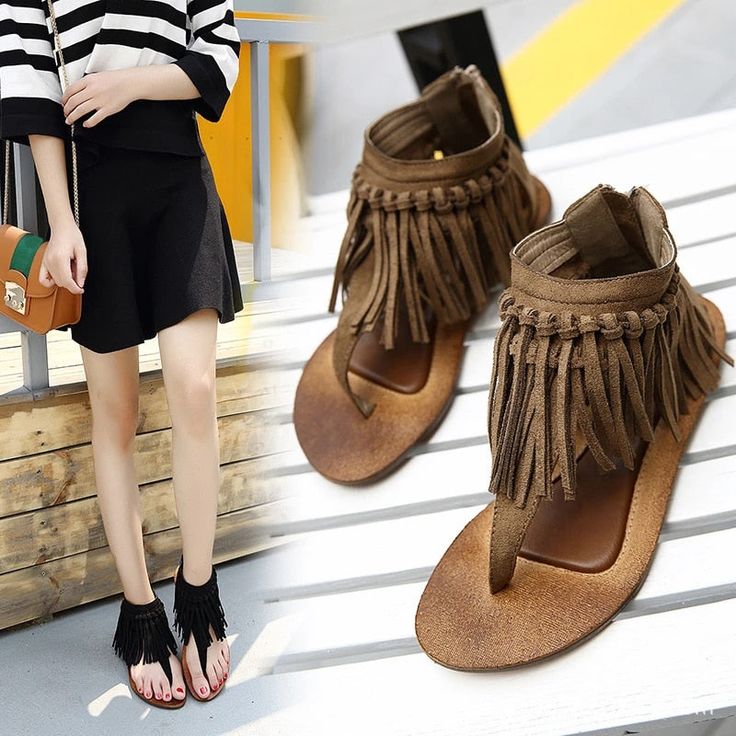 The women's Summer Sandals model, which's offered for sale with a tasseled design, has a very stylish appearance. Resembling a piece from the wild nature of the Amazon, Women's Summer Sandals have a lot strong structure. Designed by 4COLORDRESS Prom Styles, Ankle Strap Sandals Flat, Toe Slippers, Casual High Heels, Fringe Sandals, Womens Gladiator Sandals, Hip Clothes, Leather Gladiator Sandals, Womens Sandals Summer