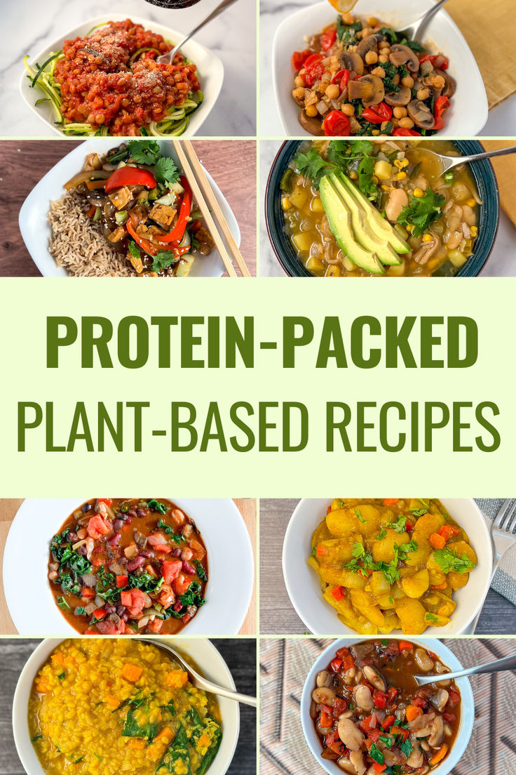 Graphic with 8 different high protein plant based meals. Plant Based Protein Recipes, Whole Plant Based Diet, Plant Based Proteins, Vegan Board, Best Vegan Protein, Adventist Church, Inflammatory Recipes, Whole Food Plant Based, High Protein Vegetarian Recipes