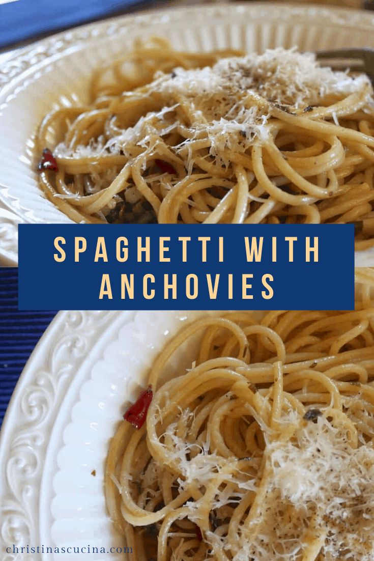 spaghetti with anchovies on a white plate and the words spaghetti with anchovies above it