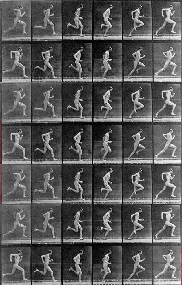 an old photo with multiple images of people running in different positions and numbers on them