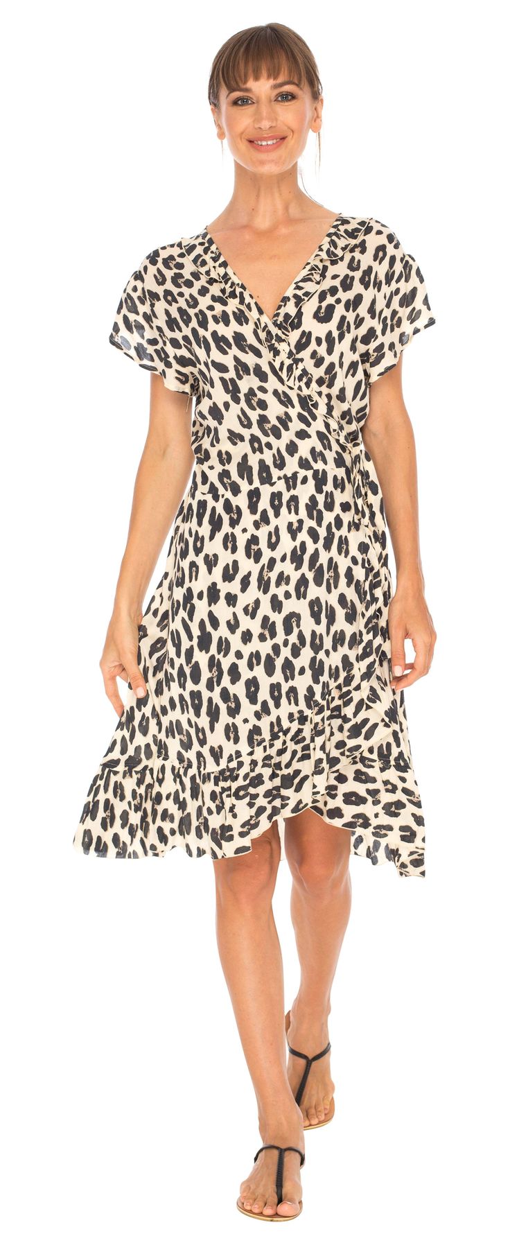 Are you looking for a wrap front dress that adds flair to your wardrobe and hugs your body just right? This leopard print wrap dress is the perfect casual short dress made with flair. Cap sleeves and ruffled edges create the perfect leopard short dress for many occasions. Ruffled edges Leopard print Made from soft and comfortable rayon material Machine wash with like colors, hang to dry Flowy Wrap Dress With Surplice Neckline, Black Summer Wrap Dress, Black Faux Wrap Dress For Summer, Fitted Faux Wrap Dress For Summer, Flowy V-neck Casual Wrap Dress, Casual Wrap Dress For Vacation, Casual Midi Dress With Ruffles And Surplice Neckline, Casual Wrap Dress With Surplice Neckline For Beach, Fitted Wrap Dress With Surplice Neckline For Vacation