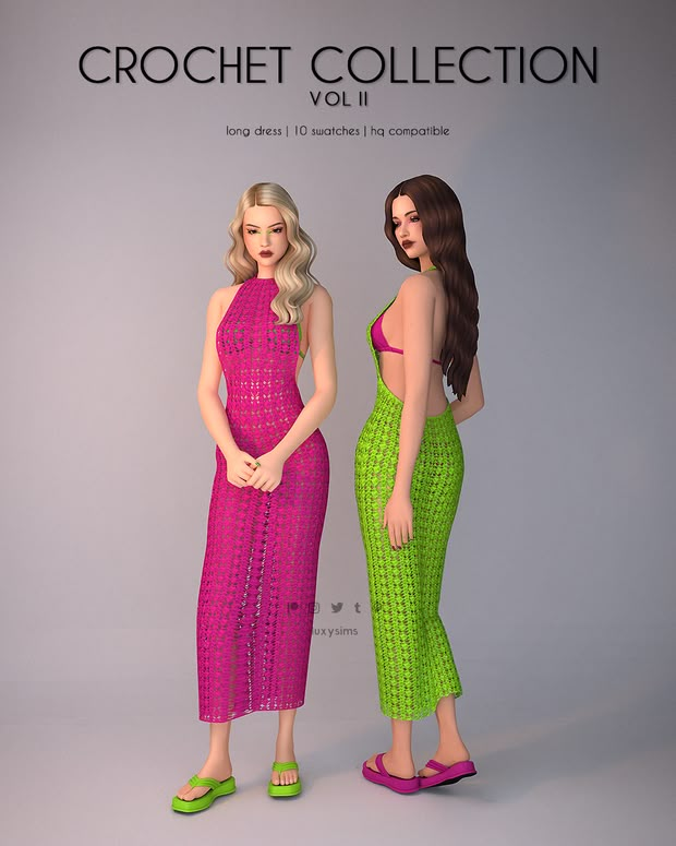 two women in bright colored dresses standing next to each other on a gray background with the caption crochet collection vol 1