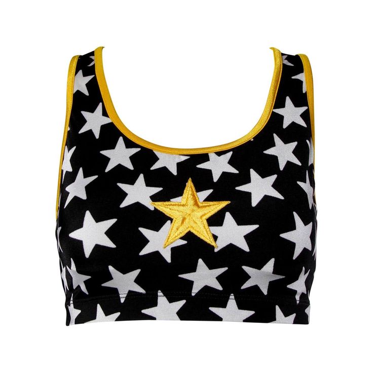 Iconic star print crop top with a sporty star applique by Norma Kamali. This crop top is from the Norma Kamali's OMO collection which was worn in the infamous gym scene of the 1996 cult classic movie Clueless starring Alicia Silverstone. Details: Unlined No Closure/ Fabric Contains Stretch Marked Size: Not Marked Estimated Size: XS-S Color: Black/ White/ Yellow Iridescent Fabric: Not Marked Label: Norma Kamali Omo Measurements: Bust: 30"-32" Under Bust: 26"-30" Total Length: 12" Film Cult, Scene Shirt, Cult Classic Movies, Tennis Apparel, Iridescent Fabric, Alicia Silverstone, Rasta Colors, Bodice Top, Vintage Crop Tops