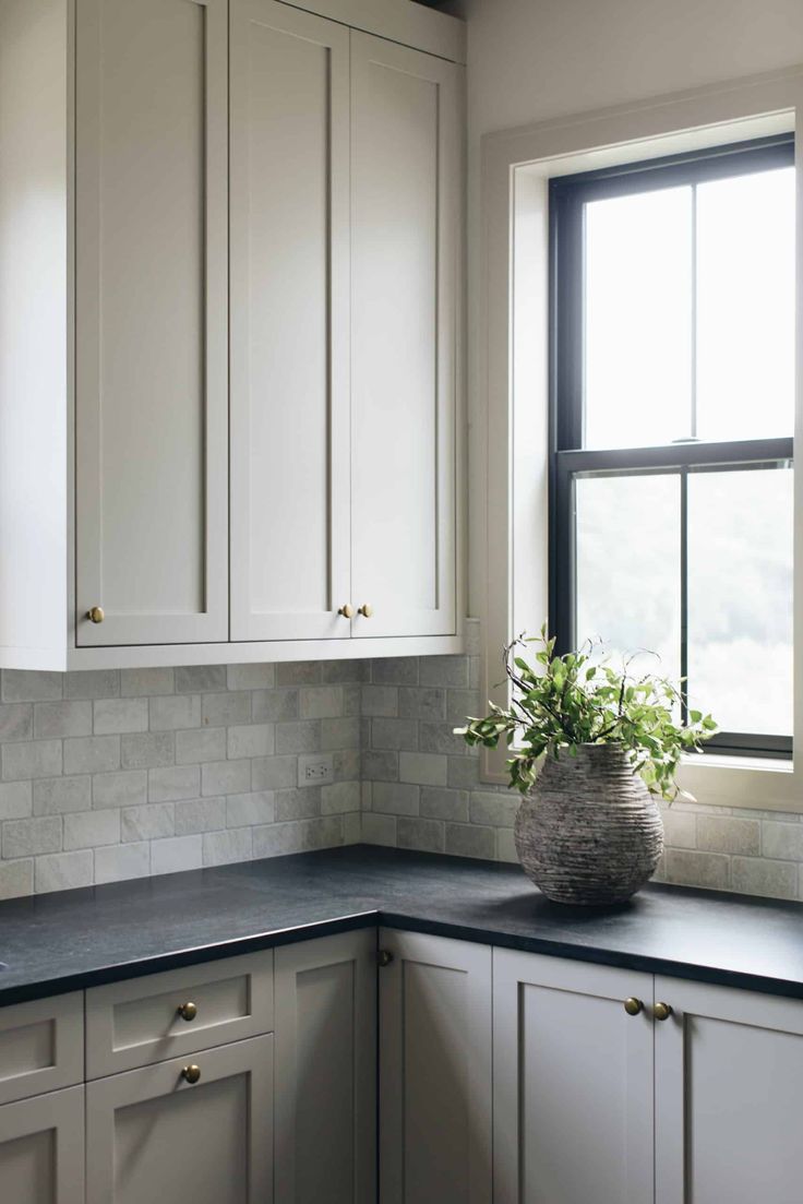 a kitchen with white cabinets and black counter tops next to a large potted plant