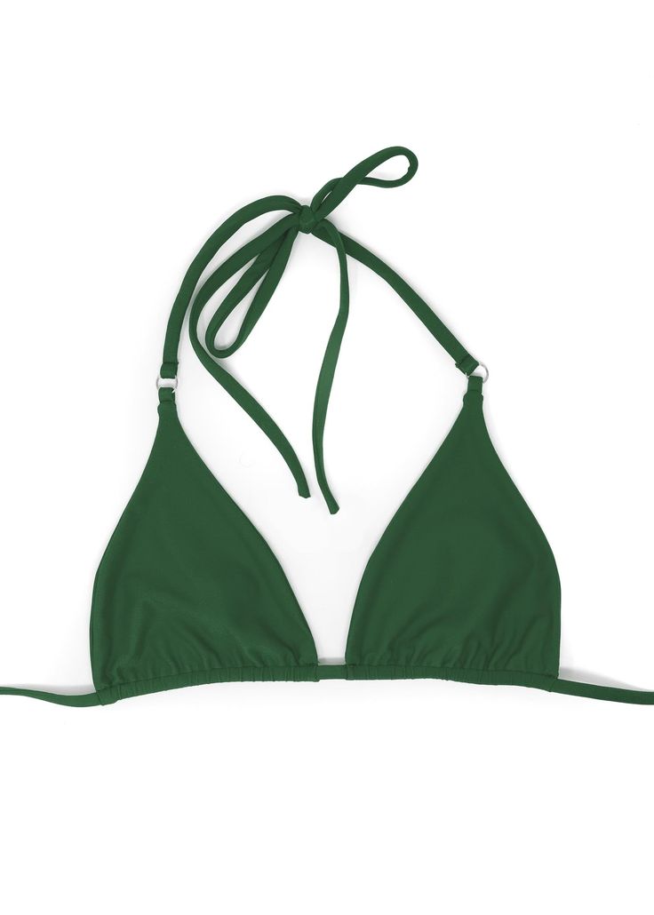 DESCRIPTION: Classic seamless triangle bikini top, made sustainably from recycled plastic fabrics in a beautiful deep green color that compliments every skin tone. Complete with gold hoop details on each of the triangles. This top is perfect for your next beach vacay. DETAILS: Made from Sustainable Recycled Plastic Fabric SPF 50 Gold Hoop Details on each triangle Unpadded String tie triangle bikini top style Designed and shipped from Honolulu, Hawaii Pair with Nalani string bikini bottom Hawaii Swimwear, Plastic Fabric, Beach Vacay, Emerald Color, Honolulu Hawaii, Eco Friendly Fashion, Oahu Hawaii, Italian Fabric, Sustainable Fabrics